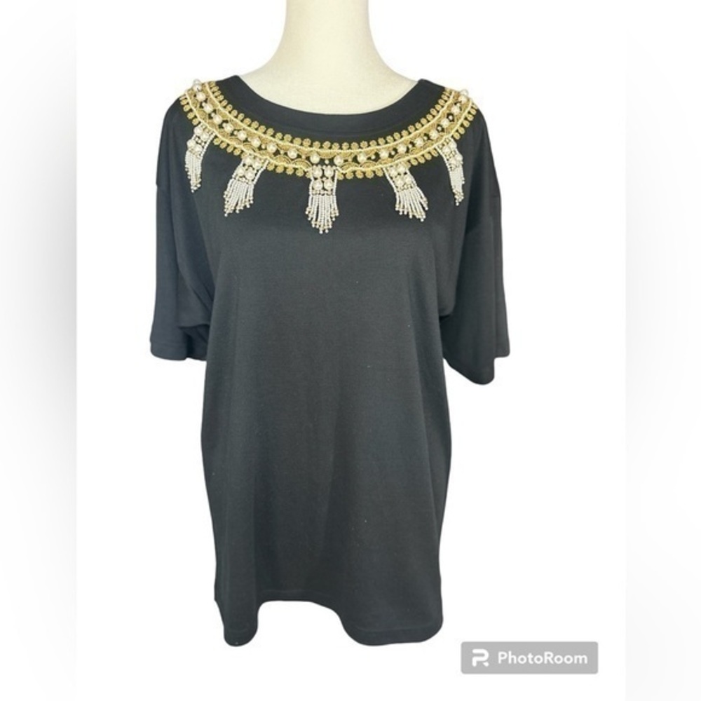Victoria Harbour Vintage Black Tee Faux Pearl Beaded Statement Neck 90s Glam M